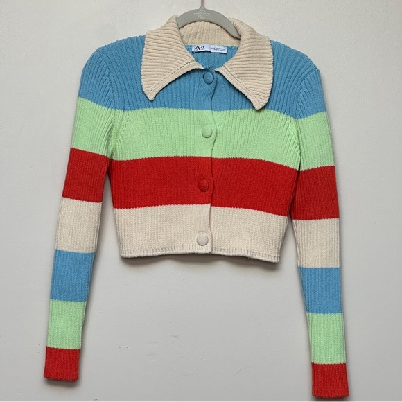 Zara Colorblock Striped Ribbed Knit Cropped Cardigan Sweater Size Small - Picture 2 of 9
